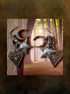 Boho Silver, Copper, and Bronze Toned Star and Heart Earrings Celestial Witchy